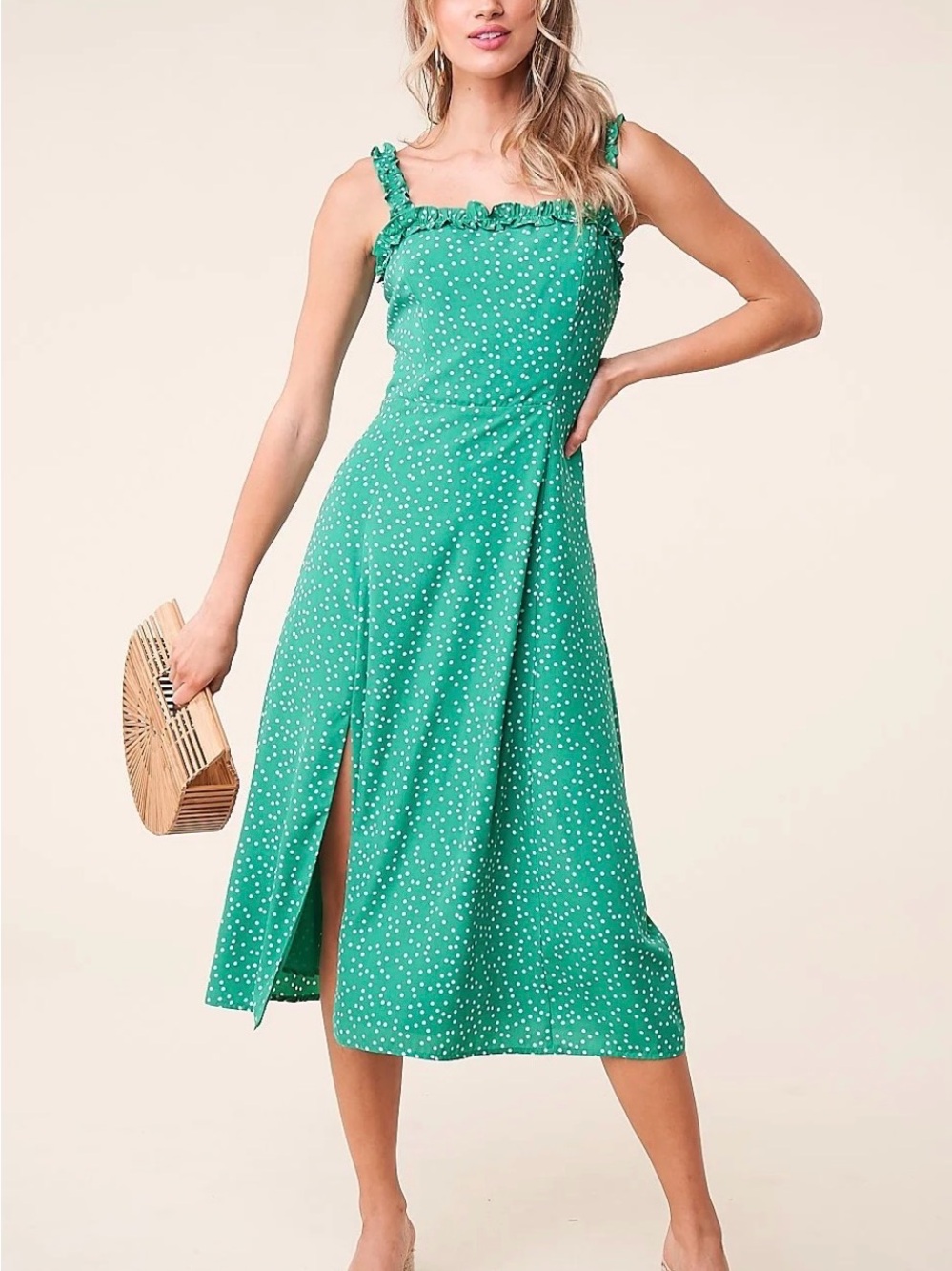 Sugarlips Emerald Green Polka Dot Ruffle Strap Midi Dress